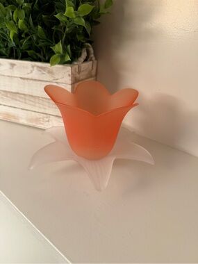 Frosted Peach Tulip Shaped Votive Pillar Candle Holder Base White Leaves